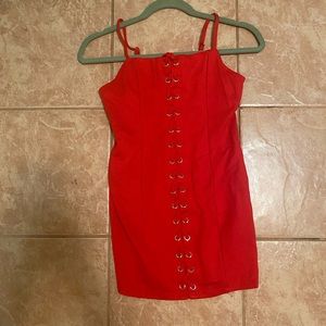 Sexy tight RED mini body con lace up dress with thin adjustable straps and lace